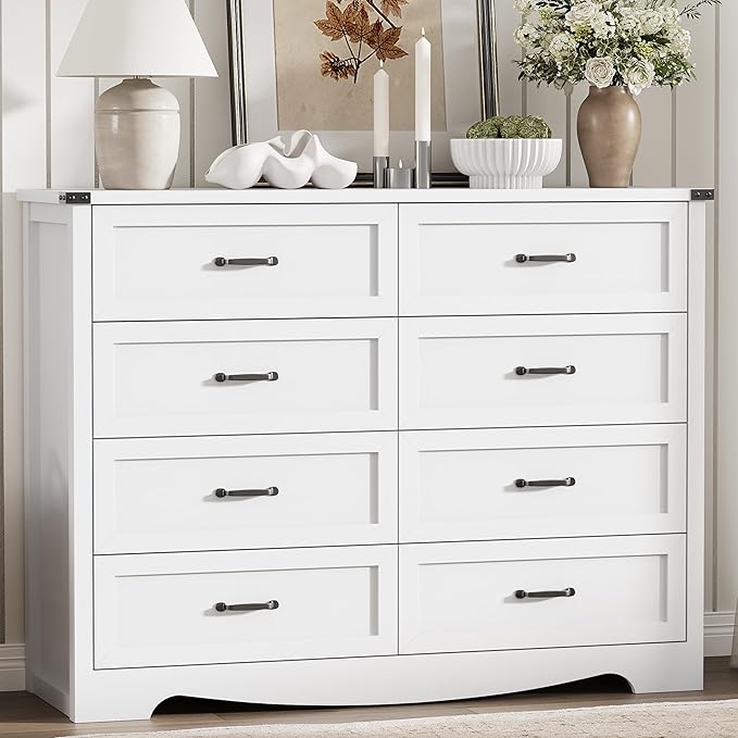 Dresser for Bedroom with 8 Drawers, 54" Wide Wood Chest of Drawers with Deep Drawers & Mental Handle, Modern Dresser TV Stand, Wooden Closet Storage Organizer for Living Room, Hallway, Entryway, White