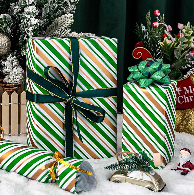 MAYPLUSS Christmas Diagonal Stripe Gift Wrapping Paper - 17 Inch X 33 Feet - Classic Green and Luxury Gold Foil Crafty Stripe Gift Wrap for Holiday Wedding, Birthday Party Showers and Scrapbooking