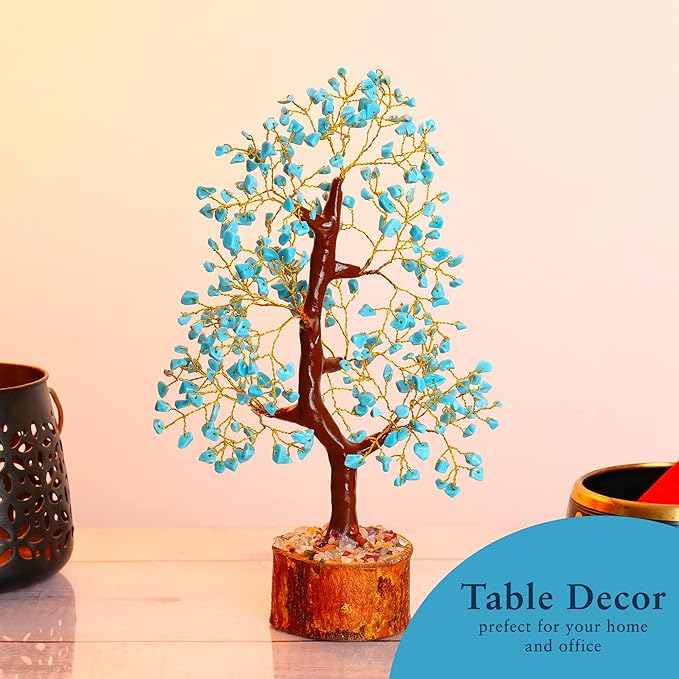 YATHABI Turquoise Crystal Sculpture - Feng Shui Money Tree - Good Luck, Positive Energy - Decorative Desk Accessory