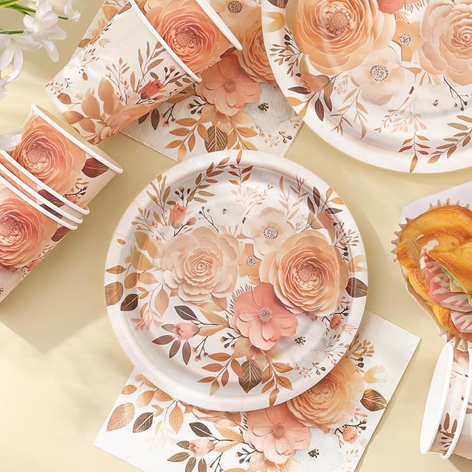 Boho Plates and Napkins Sets for 25 Guests, Floral Birthday Party supplies for Boho Fall Party Decorations