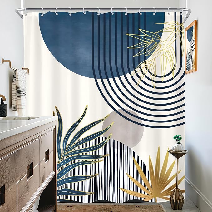 KOMLLEX Mid Century Boho Shower Curtain for Bathroom Decor 72Wx84H Inches Extra Long Navy Blue Gray Abstract Modern Sun Minimalist Leaves Neutral Fabric Waterproof Polyester 12 Pack Hooks Pack Hooks