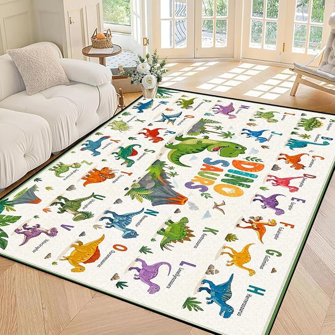4'x6' Dinosaur Area Rug ABC Alphabet Educational Rugs for Bedroom Living Room Nursery Kitchen Playroom Home Decor Washable Cute Cartoon Dinosaur Floor Mat Carpet