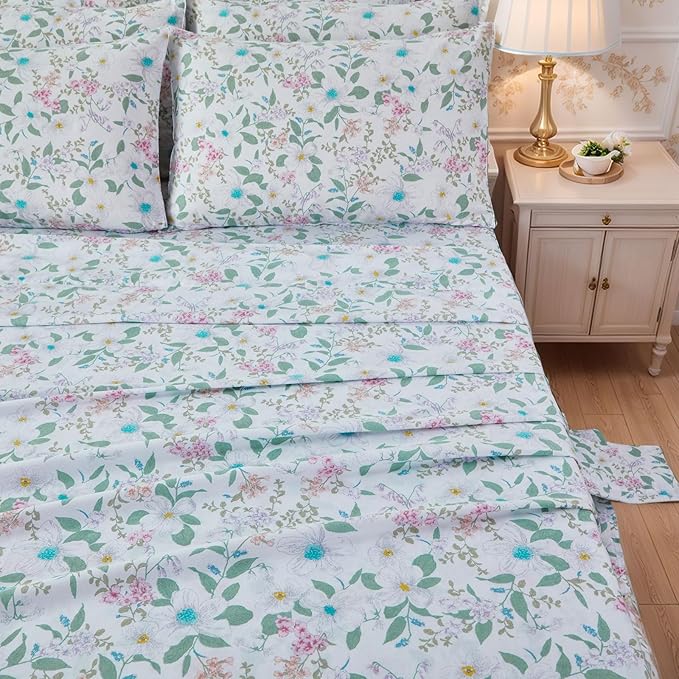 FADFAY King Size Sheets Set 100% Cotton Vintage Floral Shabby Flowers & Leaves Pattern Farmhouse Bedding Set Deep Pocket Sheets with 2 Pillowcases Breathable Soft 4Pcs, King
