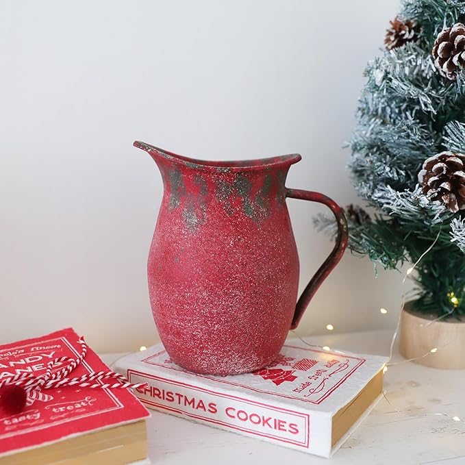 BIG FORTUNE Decorative Pitcher Vase Large Rustic Farmhouse Vase for Flowers Vintage Metal Milk Jug Vintage Decorative Pitcher Kitchen Decorations (Red)