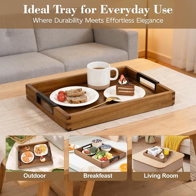 Large Ottoman Tray for Living Room and Coffee Table, Decorative Acacia Wood Serving Tray with Metal Handles for Breakfast in Bed, Dinner Food Kitchen TV (Natural, 20" x 14" x 2")