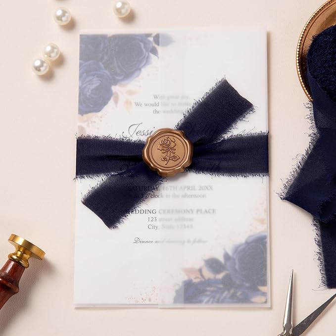 DORIS HOME Dark Navy Chiffon Ribbon for Flower Bouquet, 1" x21Yd Fabric Ribbon for Gift Wrapping, Handmade Frayed Ribbon for Wedding Invitations/Christmas Decorations