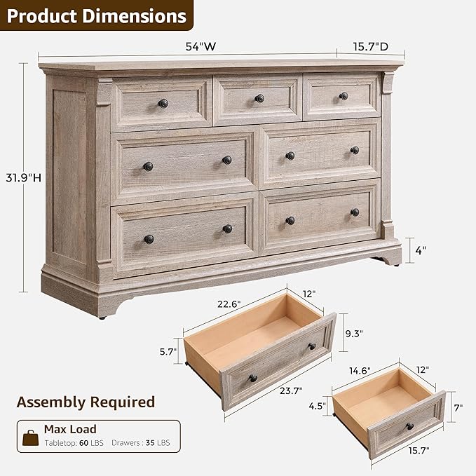 T4TREAM Farmhouse 7 Drawers Dresser for Bedroom, 54" Wide Wood Rustic Chest of Drawers w/Roman Column, Wooden Storage Dressers Organizer for Bedroom, Living Room, Light Rustic Oak