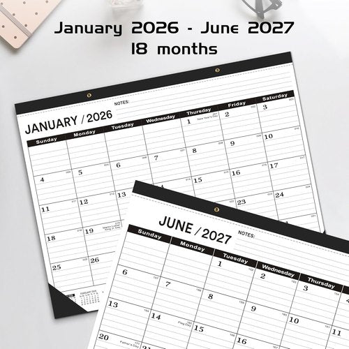 Classic Black Desk Calendar 2026 | Large 22 x 17 Inches | 2-Pack with Plastic Cover