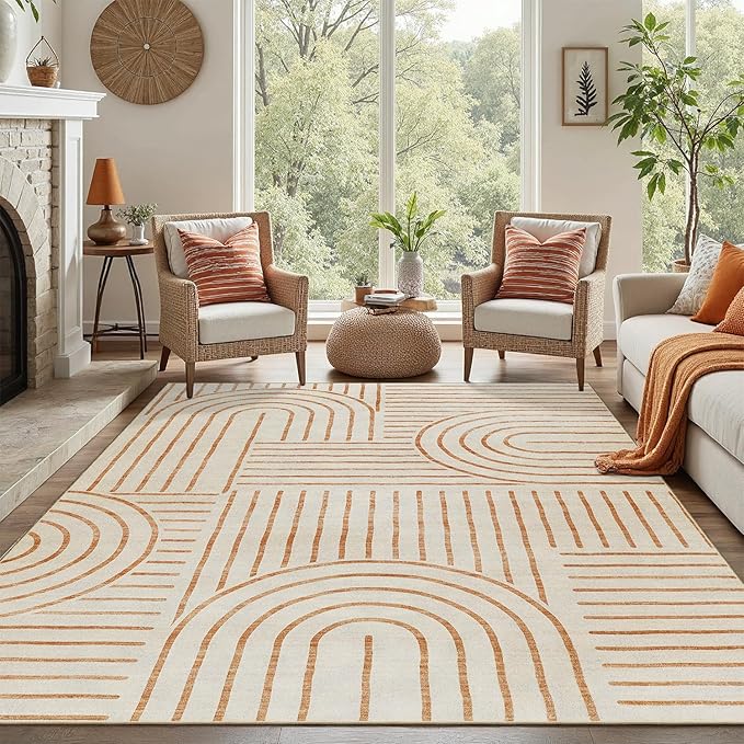 DCX Beige Machine Washable Area Rug 4x6, Midcentury Modern Non Slip Stain Resistant Rug 4x6 for Living Room, Bedroom, Dining Room, Soft Low Pile Large Carpet