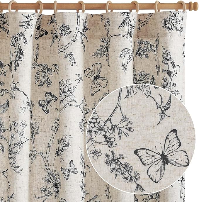 jinchan Floral Curtains Lined Linen Blend Curtain for Living Room 84 Inch Length Black Farmhouse Flower Patterned Curtain French Country Curtains Drapes Back Tab Rod Pocket 2 Panels
