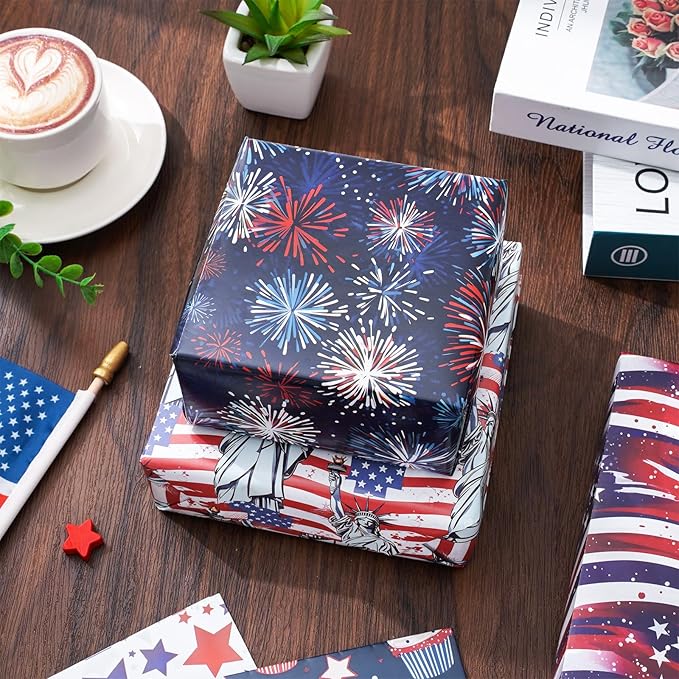 JarThenaAMCS 12 Sheet Patriotic Wrapping Paper -Not Roll- American Flag Star Firework Gift Wrap Paper Folded Flat Art Paper for 4th of July DIY Crafts Gift Wrapping, 19.7 x 27.6 Inch