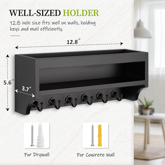 Nekon Key Holder Wall Mount, 12.8" W x 5.6" H x 3.7" D Wall Mounted Key and Mail Organizer with 6 Key Hooks, Key Racks for Home Entryway Decor (Black)