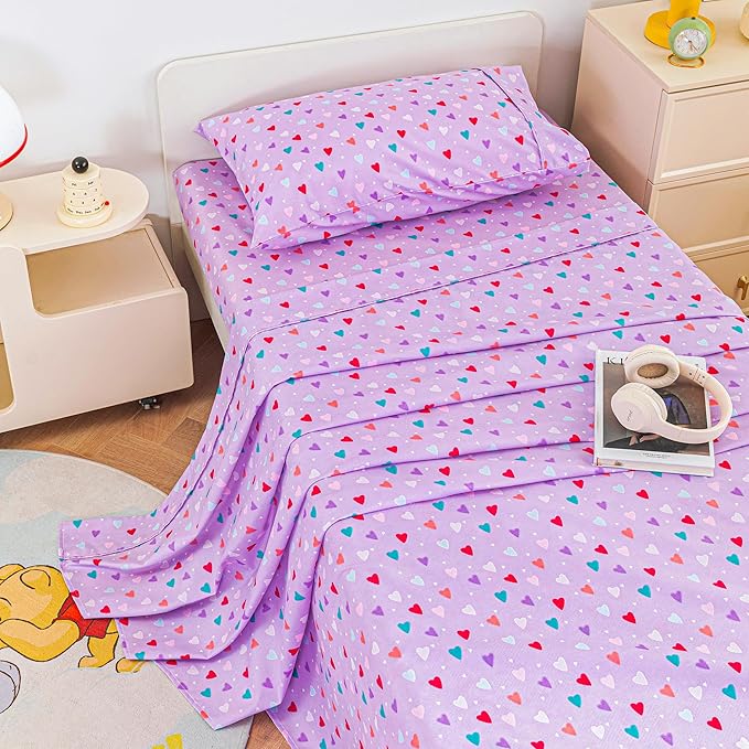 Viviland 4 Pieces Girls Purple Full Sheet Set - Soft Microfiber Fitted Flat Sheets & Pillowcases - Colorful Hearts Printed Bedding Sets - for Kids & Toddlers