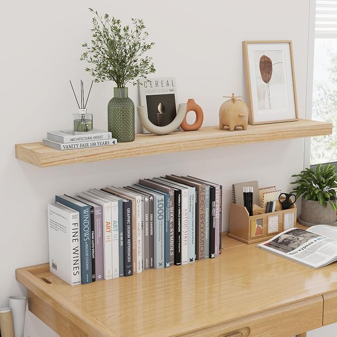 fuqing Natural Wood Floating Shelves, 48 Inch Wood Floating Shelves Set of 2, Natural Raw Wood Shelves for Living Room Bedroom Home Office - Natural