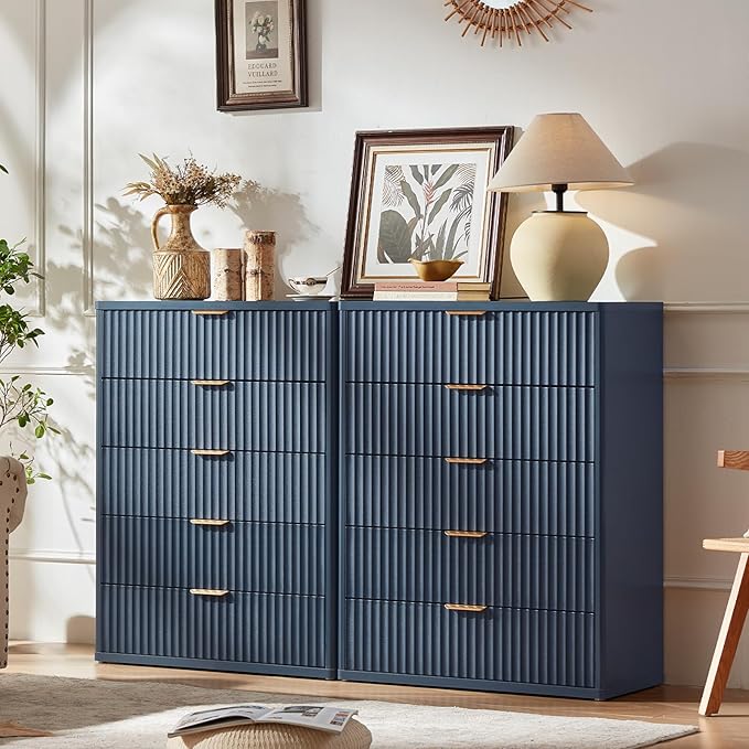 Fluted 5 Drawers Dresser for Bedroom, 41" Tall Modern Chest of Drawers with Metal Handle,Navy Blue Wood Drawer Organizer for Bedroom, Living Room, Hallway, Entryway