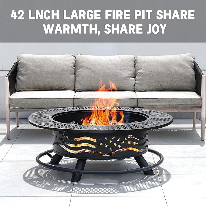 Panovue 42 Inch Fire Pit with 2 Cooking Grates, Outdoor Wood Burning BBQ Grill Firepit Bowl with Cover Lid, Steel Round Table for Backyard Bonfire Patio Picnic (Black, 42)