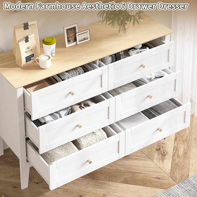 6 Drawers White Dresser for Bedroom, 47" Wide Wood Modern Chest of Drawers, Shaker Style, Modular Dresser TV Stand for Bedroom, Living Room, Hallway (White)