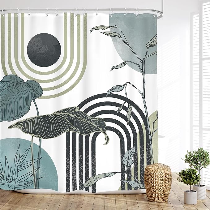 Glawry Green Teal Blue Abstract Shower Curtain Mid Century Boho Retro Tropical Palm Tree Leaves Sun Arch Modern Bathroom Geometric 60Wx72L Inches Bath Accessories Art Home Decor Fabric 12 Pack Hooks