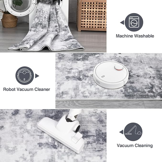 Washable 5x7 Area Rugs for Living Room Low Pile Small Carpet Soft Bedroom Rug Modern Abstract Carpet Non Shedding Thin Colorful Carpets Contemporary Floor Mats for Kitchen Nursery, Grey