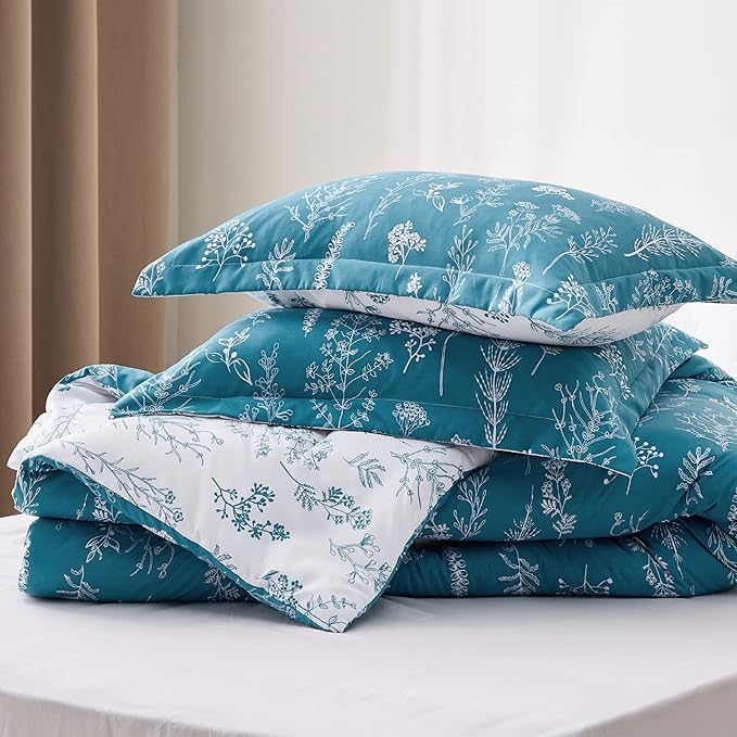 Bedsure King Comforter Set - Teal Blue Bed Set, 3 Pieces Cute Floral Bedding, 1 Soft Reversible Botanical Flowers Comforter and 2 Pillow Shams