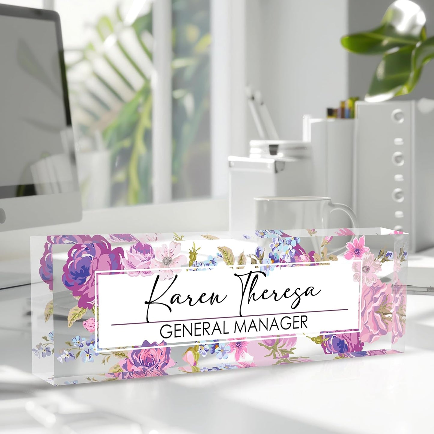 Skiennix Custom Office Name Plate - Personalized Desk Gift for Women, Employees & Teachers | Hundred Flowers Design