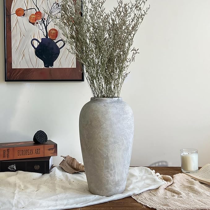 12 Inch Ceramic Rustic Vase, White Grey Farmhouse Flower Vases for Centerpieces & Home Decor, Handmade Pottery Vase for Living Room, Bedroom & Wedding Decor, Vintage Ceramic Vases for Gifts