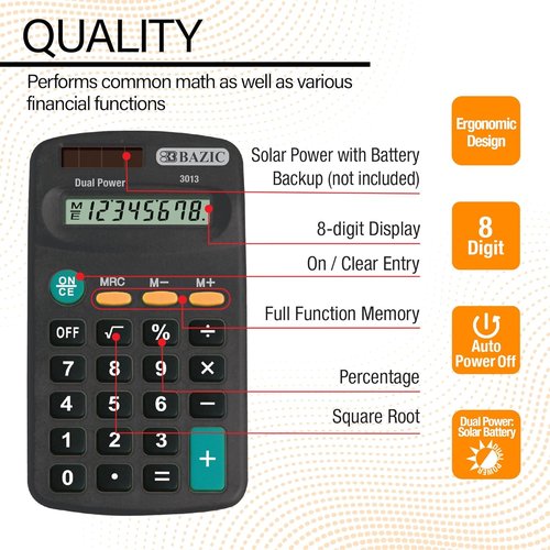 BAZIC Products 8-Digit Pocket Calculator - Dual Power Solar & Battery, LCD Display, Compact Black