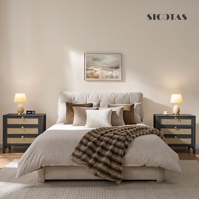 SICOTAS Nightstand Set 2 with Drawers - Large Rattan Bedside Table with Golden Handle, 3 Drawers Night Stand 26.78" Wide Side Table Boho Nightstand for Bedroom
