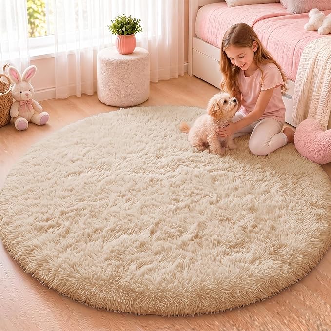 OLANLY Beige Round Rugs for Bedroom - Machine Washable, 5 ft Circle Area Rugs for Living Room, Soft and Fluffy Shaggy Carpet for Teen Girls and Boys, Nursery Rooms, Dorms, Home Decor Aesthetic