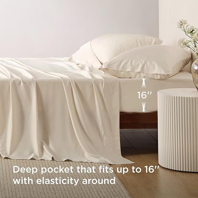Bedsure California King Sheet Sets, Cooling Sheets, Rayon Derived from Bamboo, Breathable & Soft, Deep Pocket Up to 16 Inches, Hotel Luxury Silky Bedding for Hot Sleepers, Light Beige