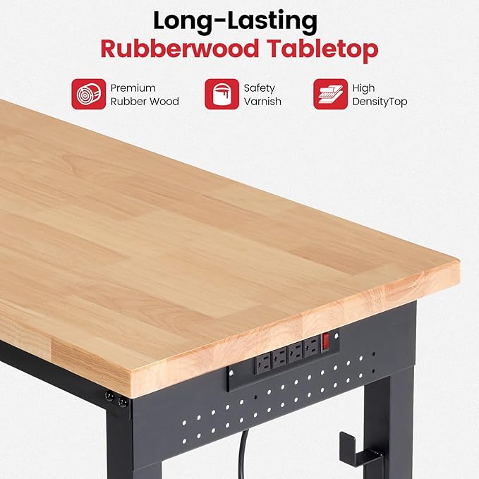 Workbench with Wheels 48 Inch Adjustable Height Work Table with Under Table Shelf, Pegboard, Power Outlets Work Bench for Garage, Home, Office, Workshop