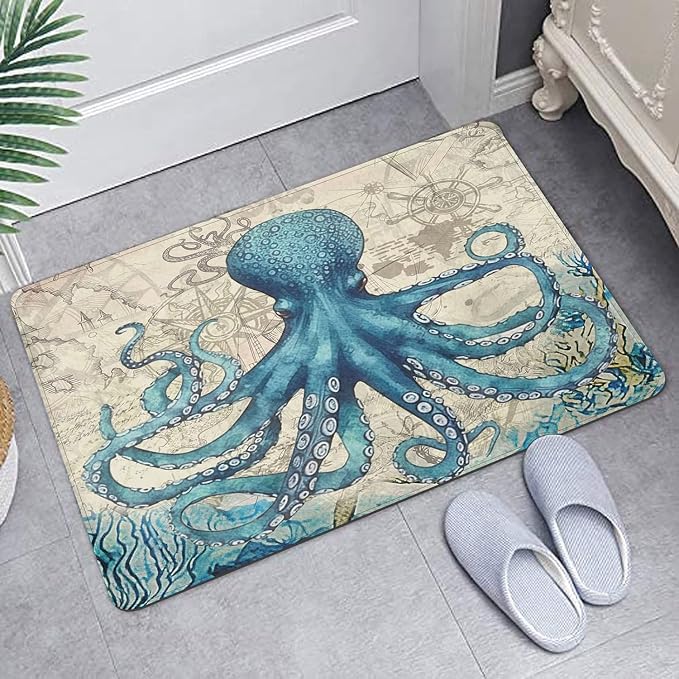 Britimes Blue Bath Mat for Bathroom Sea Theme Octopus Washable Floor Rug Carpets Floor Mat Bathroom Decorations 20x32 inches for Kitchen Bedroom Indoor
