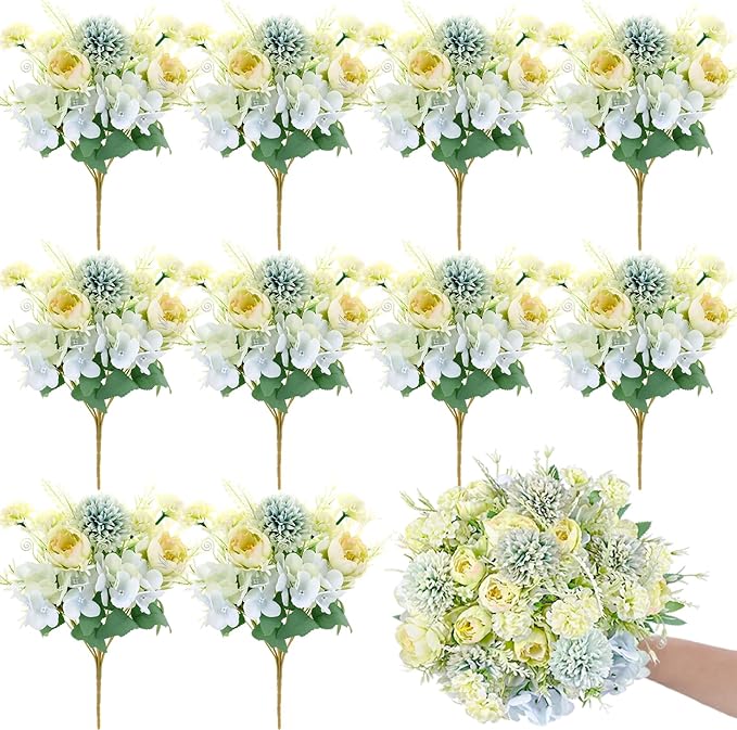 Olgaa 12 Bundles Peonies Artificial Flowers Silk Flowers Fake Peony Bouquet Faux Peonies Flowers Bulk for Wedding Decor Centerpiece Table Decorations (Blue Green)