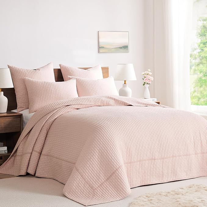Levtex Home Cross Stitch Reversible King Bedspread Set (120x104in) with 2 Pillow Shams (36x20in) - Stitch Texture - Blush - Cotton King Size Bedspread Set - Soft, Pre-Washed