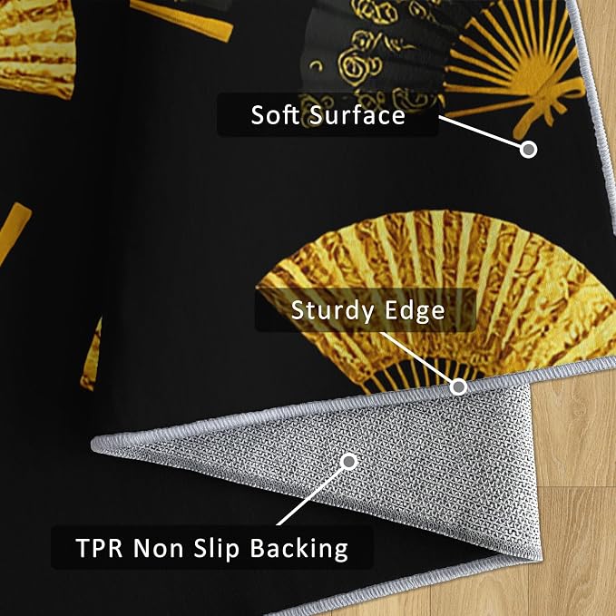 Oriental Fan Runner Rug 4x12, Black and Gold Vintage Asian Design, Japanese Style Area Rug, Washable Non-Slip Floor Carpet Runner for Bedroom, Dining Room, Living Room Aisle