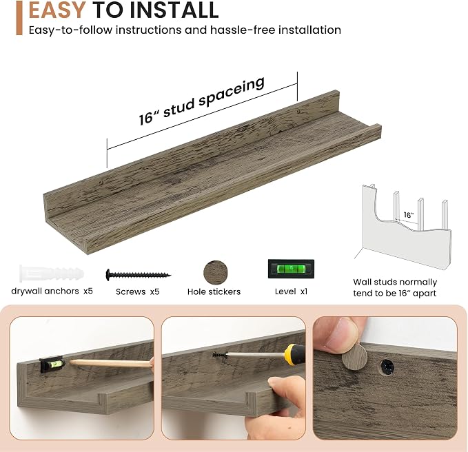 Dreamland Picture Ledge Shelf for Wall, Floating Shelves Set of 2,24 inch Long Floating Shelves with Lip for Living Room,Bedroom,Bathroom,Kitchen,Grey