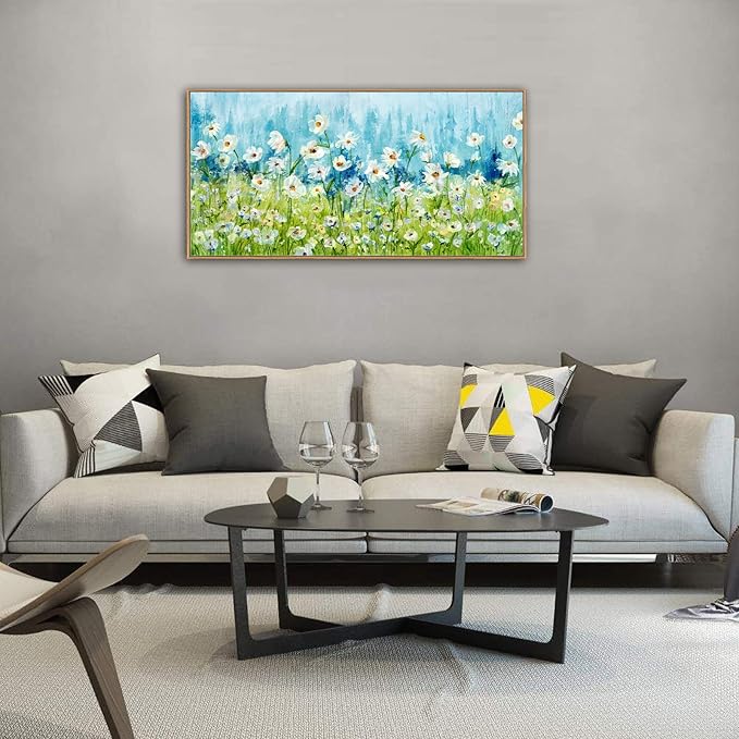 Framed Wall Art Wildflowers Canvas Pictures Living Room Wall Decor Abstract White Daisy Floral Prints Spring Landscape Painting Green Grass Artwork for Bedroom Kitchen Home Office Decor 20"x40"