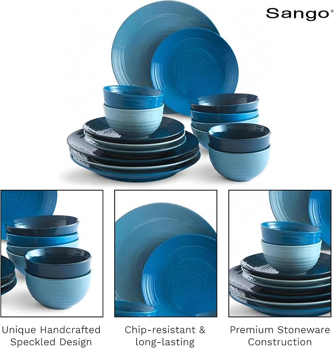 Sango Siterra Artist's Blend 16-Piece Stoneware Dinnerware Set – Service for 4, Ocean Blue Glossy Glaze with Unique Speckled Design, for Everyday Dining & Entertainment, Microwave & Dishwasher Safe