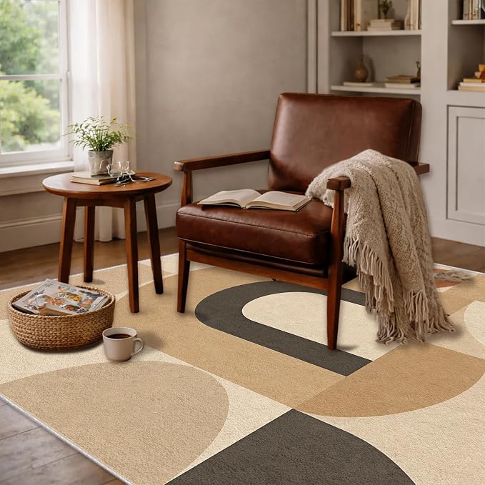 Mid Century Area Rug 4x6, Home Decor | Neutral Cream Black Geo Arc, Abstract Geometric Rug for Living Room, Bedroom, Home Office, Non Slip, Washable, Low Pile