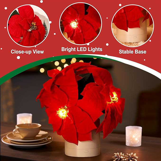 WSYEAR Red Poinsettias Artificial Christmas Flowers Lamp - Holiday Decorations and Ornaments for Xmas, New Year, Wedding Party, Seasonal Decor