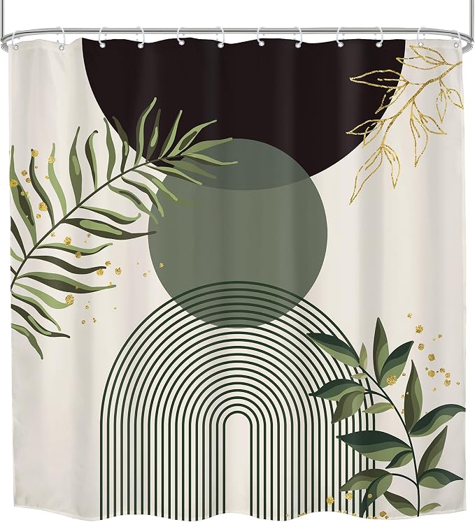 Dark Green Boho Shower Curtain 72Wx72H Black Bohemian Modern Abstract Plant Leaves Minimalist Geometric Bathroom Decor Mid Century Plant Neutral Bath Curtain Fabric Polyester 12 Pack Hooks