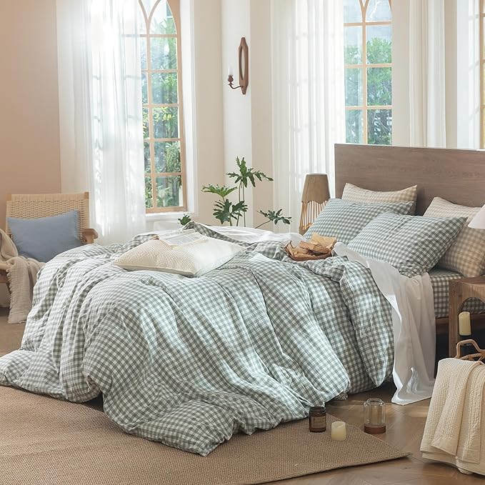 MooMee Gingham Duvet Cover Set 100% Washed Cotton Linen Like Textured Breathable Durable Soft Comfy Modern Checkered Design (Sage Green Gingham, Twin 68"x90")