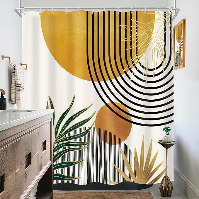 KOMLLEX Mid Century Boho Shower Curtain for Bathroom Decor Abstract Modern Sun Minimalist Aesthetic Arch Curve Leaves Geometric Yellow Gold Neutral Fabric Waterproof Polyester 12 Hook 72Wx72H