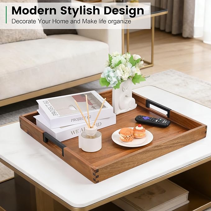 Large Ottoman Tray for Living Room and Coffee Table, Decorative Acacia Wood Serving Tray with Metal Handles for Breakfast in Bed, Dinner Food Kitchen TV (Natural, 17" x 17" x 2")