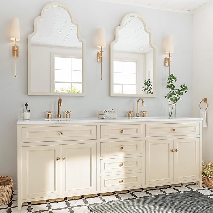 40"x24" French Country Arched Mirror, Creamy Off-White Wood Frame for Fireplace Mantel, Large Farmhouse Wall Mirror for Bathroom Vanity & Bedroom, Warm Beige Tone