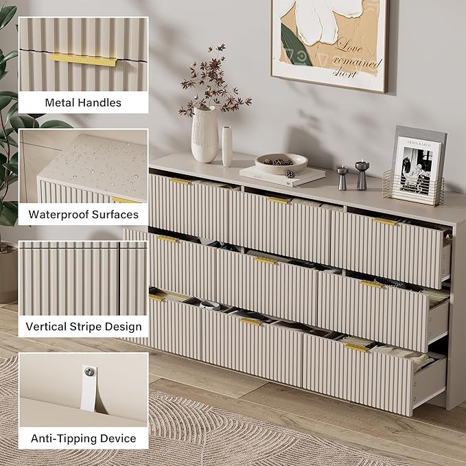 Beige Dresser for Bedroom, Modern Dresser with 9 Drawers and Smooth Slides, Wide Chest of Drawers with Golden Handles for Bedroom, Living Room, Closet, 15.7" D x 63" W x 31.5" H