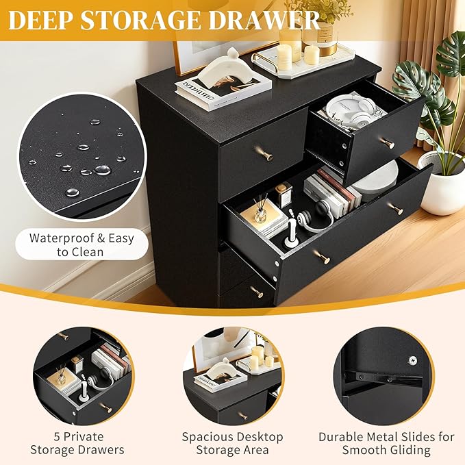Karl home Black 5 Drawer Dresser for Bedroom, Tall Dresser Chest of Drawers, Rustic Wood Bedroom Dressers Clothes Organizer, Anti-Tipping Device, Rose Gold Metal Handle, Living Room, Entryway, Office