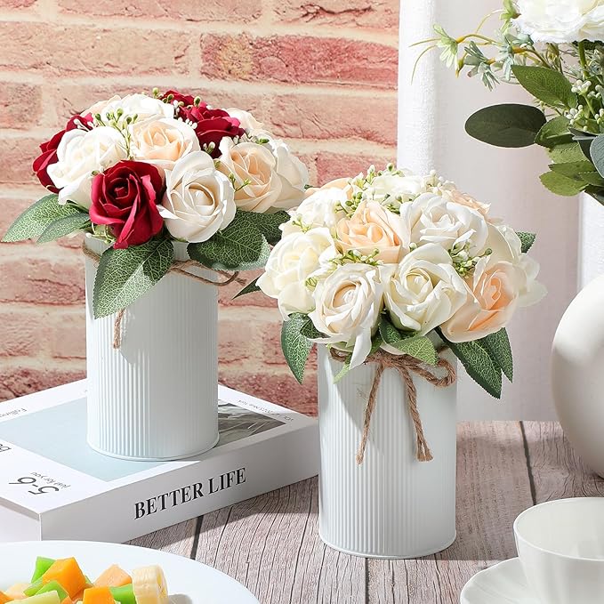 Domensi 5.91 in High Farmhouse Vase Decor Galvanized Metal Flower Vase with Twine Bow Vintage Rustic Tin Flower Buckets for Artificial Floral Table Container DIY(White,16 Pcs)