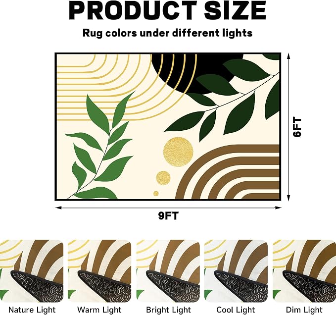 Modern Abstract Rug Geometric Area Rug Boho Green Leaf Floor Mat Soft Washable Carpet for Bedroom Living Room Kitchen Nursery Playroom Home Decor 6'x9'