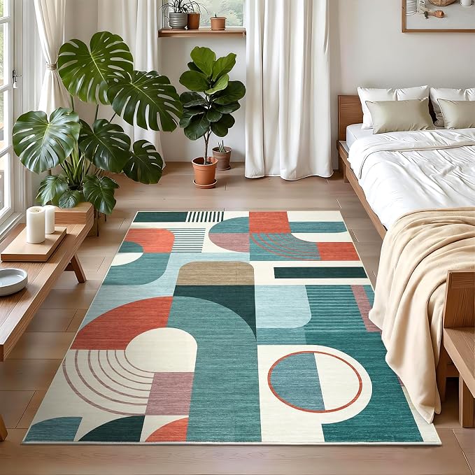 3x5 Washable Rug for Bedroom, Boho Geometric Small Area Rugs for Living Room Entryway Soft Low Pile Non-Slip Indoor Rug for Playroom Dorm, Blue Multi, 3'x5'